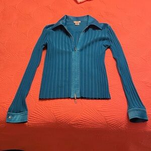Cache Blue Ribbed Zip-Up Blouse